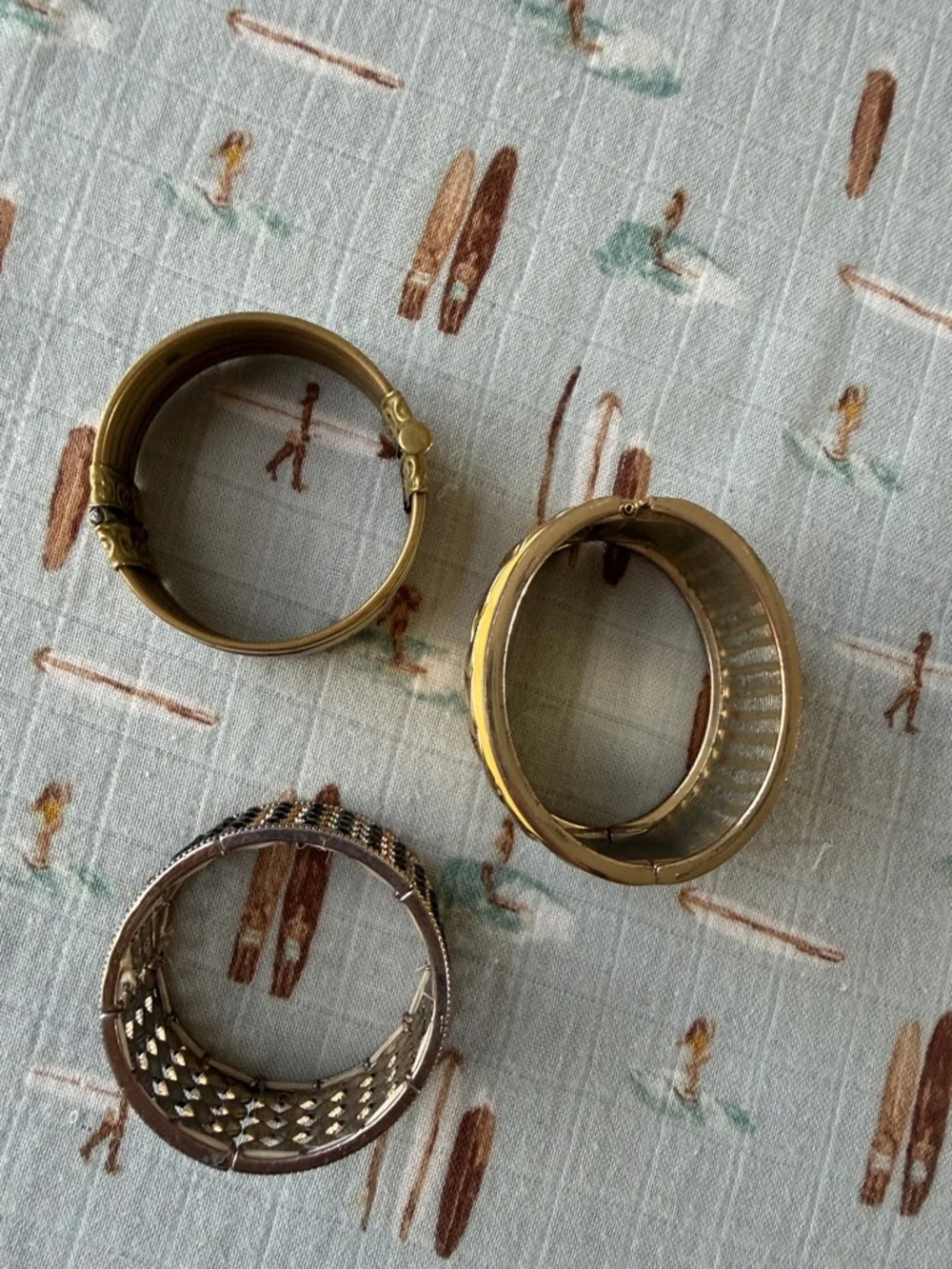 Set of 3 Gold-Tone Wide Bangle Bracelets with Enamel and Filigree